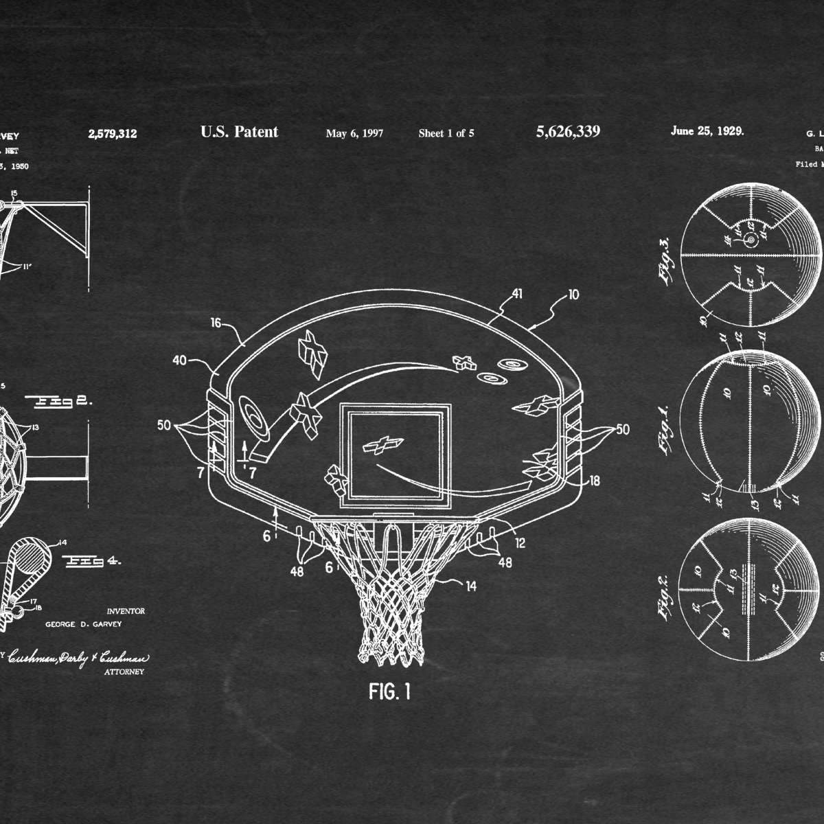 Basketball Old Vintage Patent Drawing Print by grandeduc