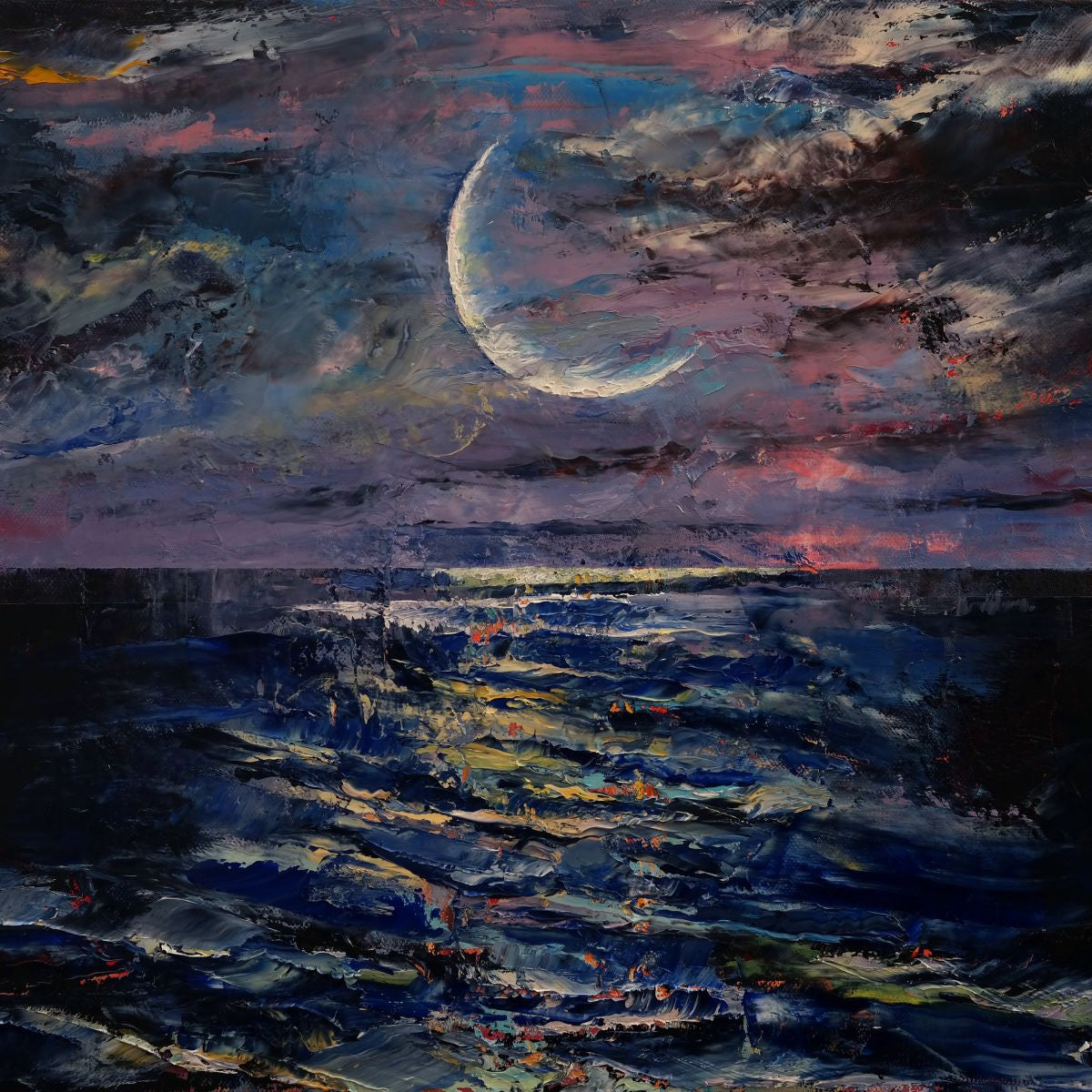  Moon Painting Wall Art Canvas - Moonrise at Sea Ocean